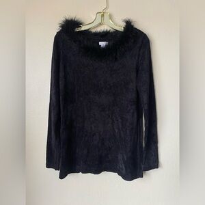 Feather trim black sweater Chicos fairly feathered Cherie size 0 nwt small